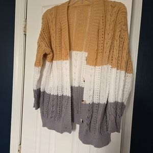 Colorblock Open-Front Knit Cardigan - Mustard, White & Gray
